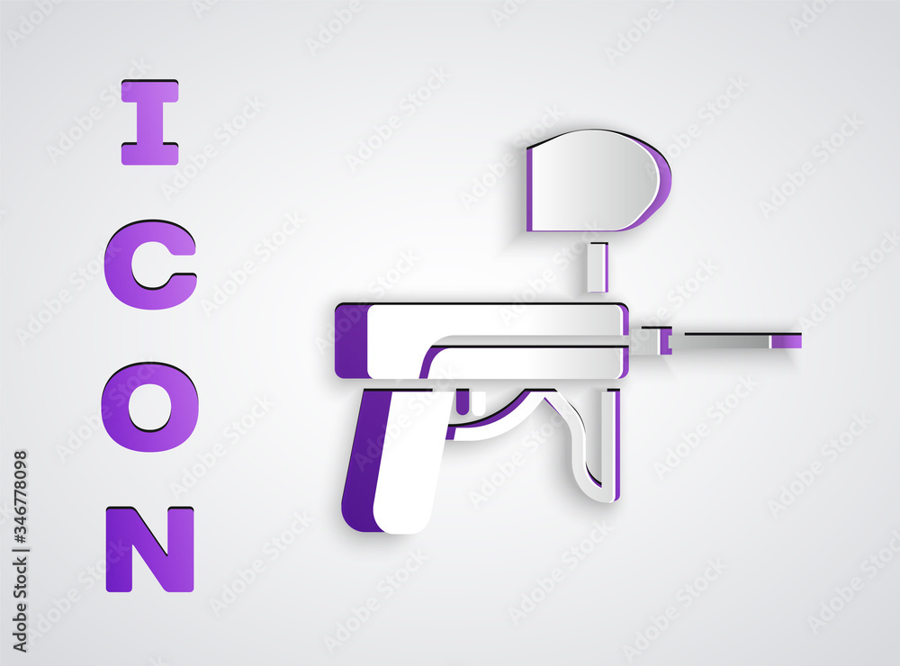 Paper cut Paintball gun icon isolated on grey background. Paper art style. Vector Illustration Paper cut Paintball gun icon isolated on grey background. Paper art style. Vector Illustration