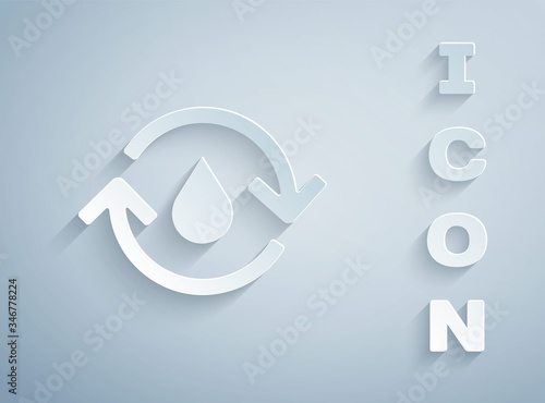 Paper cut Recycle clean aqua icon isolated on grey background. Drop of water with sign recycling. Paper art style. Vector Illustration