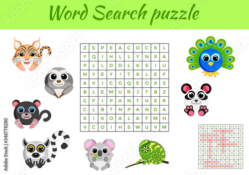 Clip cards game template word search puzzle. Kids activity worksheet colorful printable version. Educational game for study English words. Includes answers. Flat vector stock illustration.