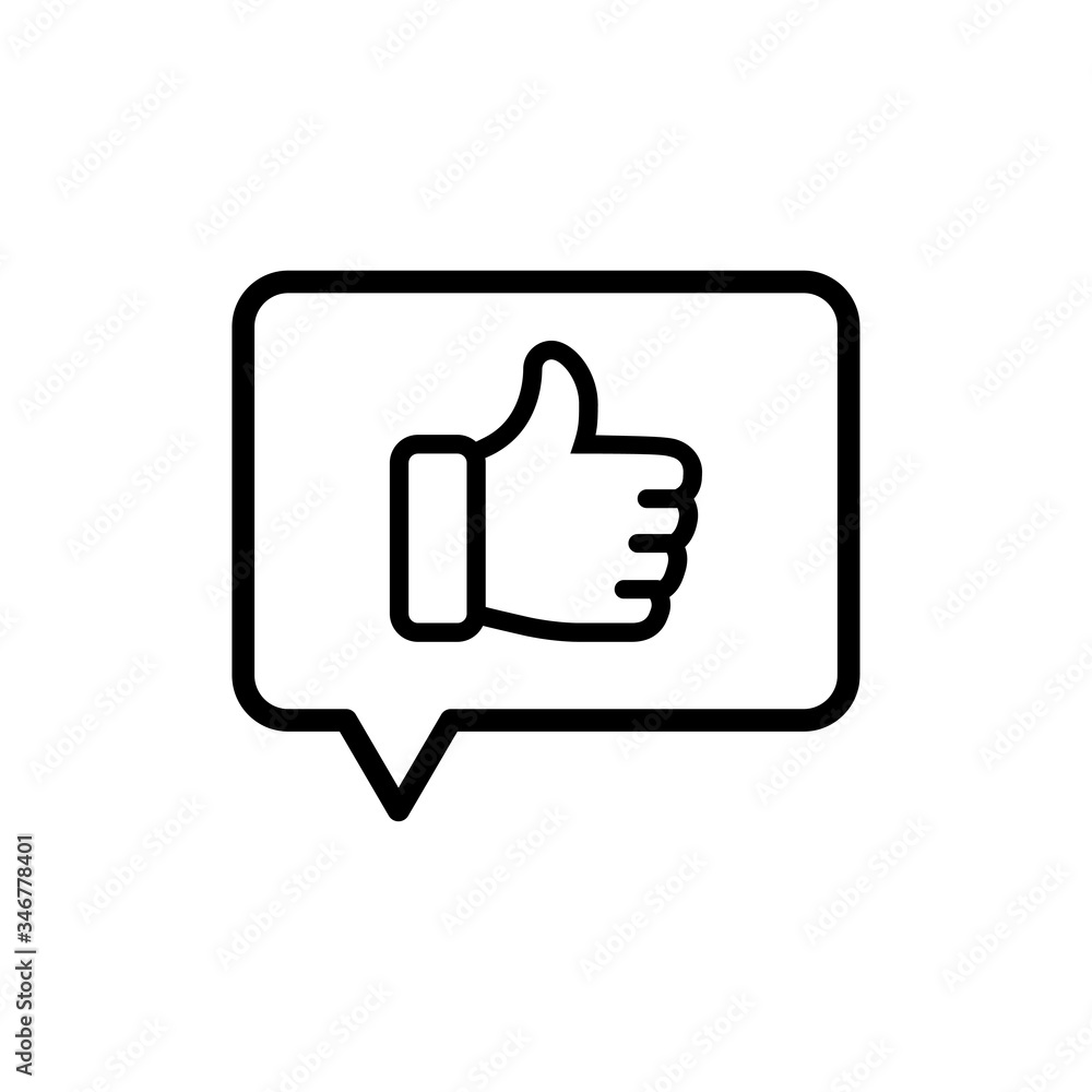 Símbolo mensaje like. Icono plano lineal mano con pulgar arriba en burbuja de habla en color negro Símbolo mensaje like. Icono plano lineal mano con pulgar arriba en burbuja de habla en color negro