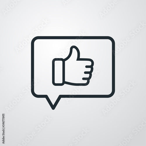 Símbolo mensaje like. Icono plano lineal mano con pulgar arriba en burbuja de habla en fondo gris