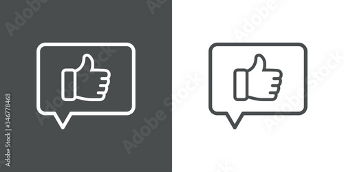 Símbolo mensaje like. Icono plano lineal mano con pulgar arriba en burbuja de habla en fondo gris y fondo blanco