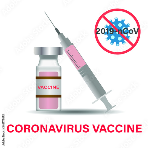 Vector illustration of vaccine  against coronavirus (2019-nCoV) with virus cell is crossed out with red STOP sign.Concept of stopping coronavirus.Syringe with vaccine on white background.