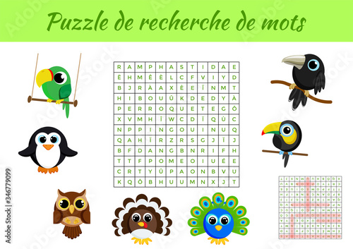 Puzzle de recherche de mots - Word search puzzle with pictures. Educational game for study French words. Kids activity worksheet colorful printable version. Includes answers. Vector stock illustration