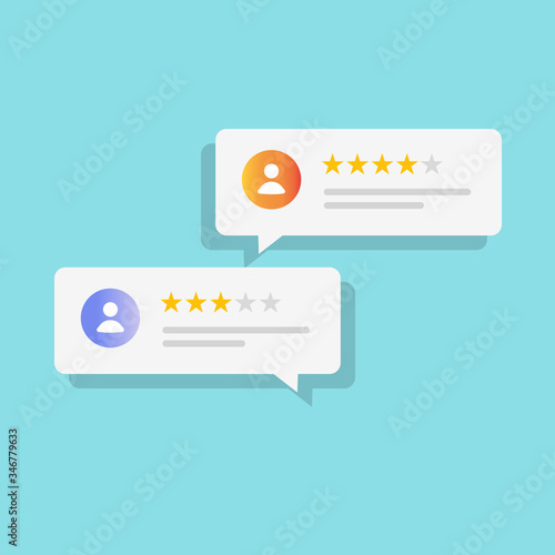 Review online or customer testimonials feedback bubbles vector icon flat cartoon, idea of client comment messages with good and bad rating stars iamge
