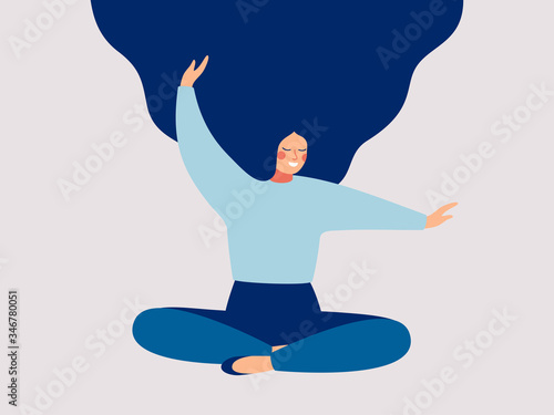 The happy young woman makes morning stretch. Smiling girl enjoying her life. Body positive and health care concept.