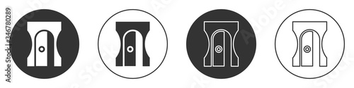 Black Pencil sharpener icon isolated on white background. Circle button. Vector Illustration