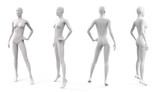 White plastic female mannequin for clothes. Set from the side, front and back view. Commercial equipment for shop windows. 3d illustration isolated on a white background.