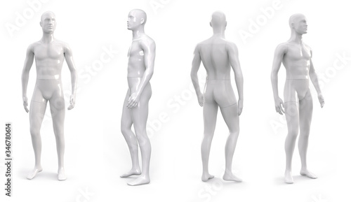 White plastic male mannequin for clothes. Set from the side, front and back view. Commercial equipment for shop windows. 3d illustration isolated on a white background. photo
