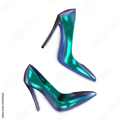 A pair of shiny patent leather women's shoes iridescent turquoise color lying on the surface. Women's pumps. Vector 3d realistic illustration isolated on white background.