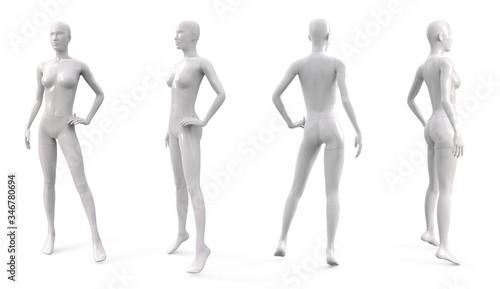 White plastic female mannequin for clothes. Set from the side, front and back view. Commercial equipment for shop windows. 3d illustration isolated on a white background.