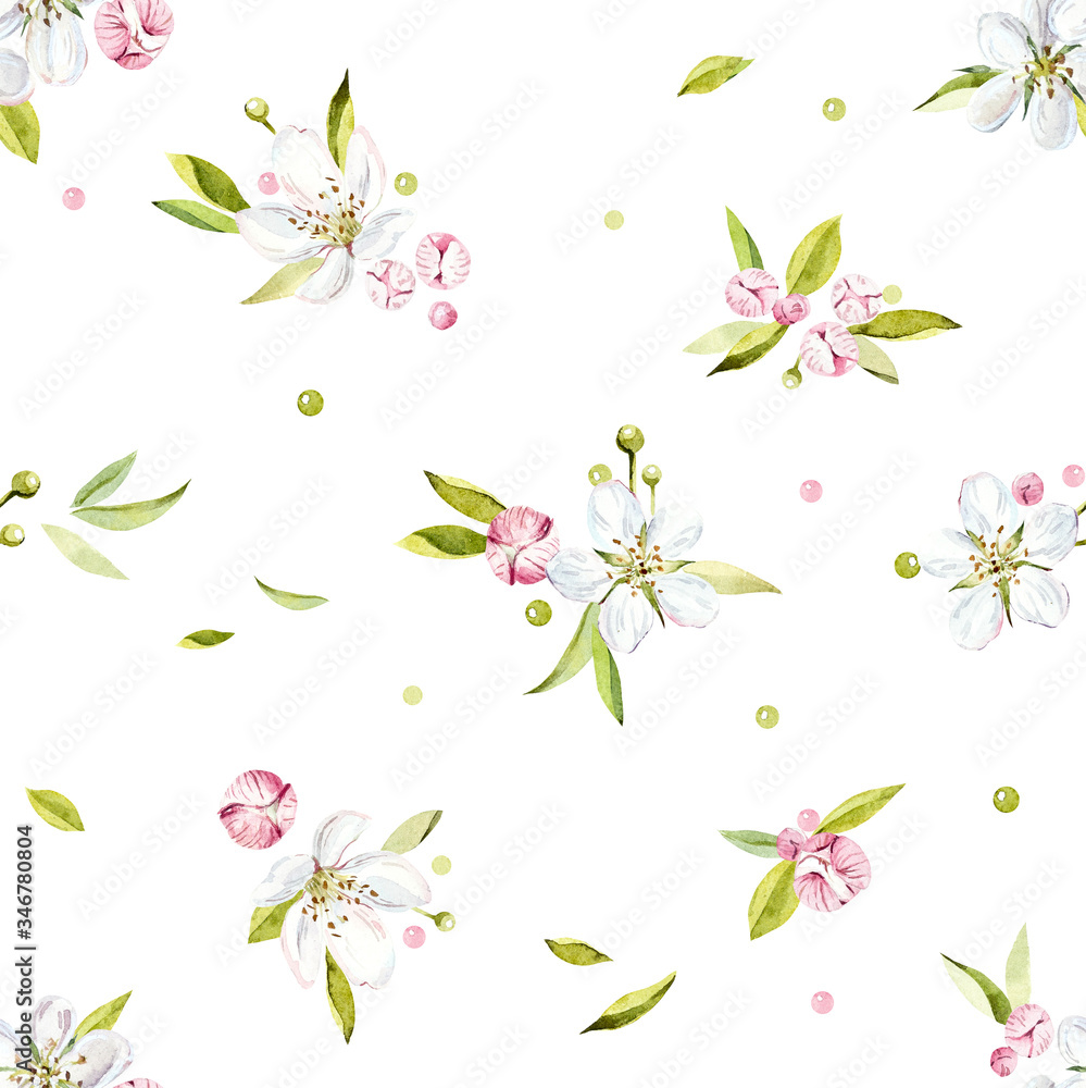 Fototapeta premium Seamless pattern on a branch with flowers. Watercolor hand drawn illustration.