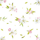 Seamless pattern on a branch with flowers.  Watercolor hand drawn illustration.