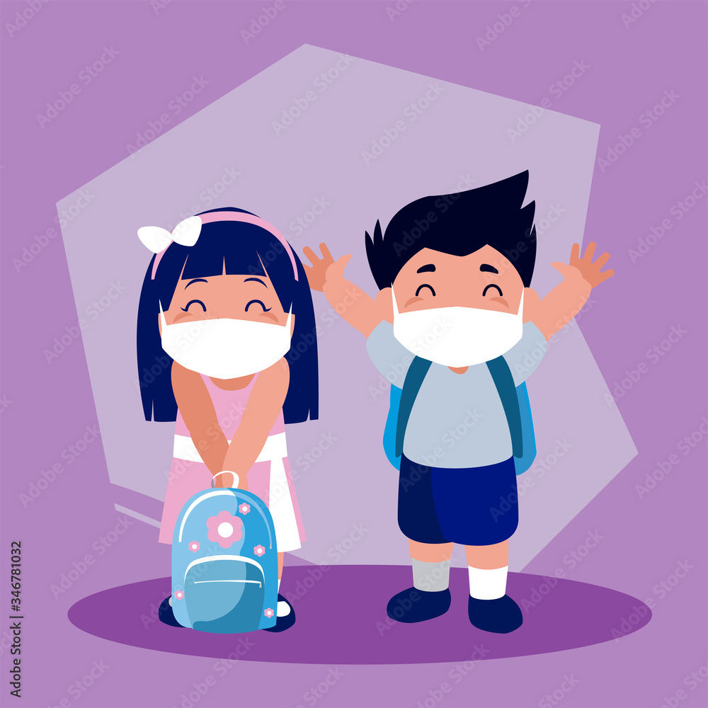 Girl and boy with masks school books and bags vector design