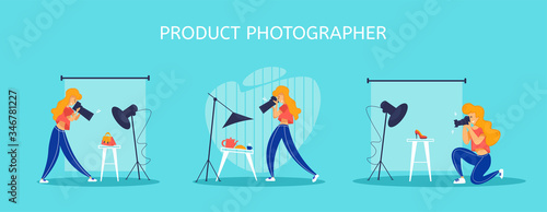 Set of illustration with professional advertising photographer at work in studio