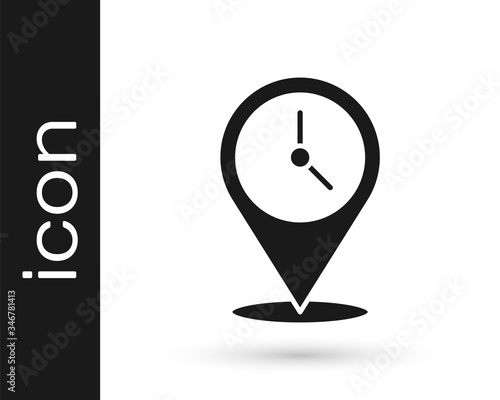 Grey Location with clock icon isolated on white background. Vector Illustration
