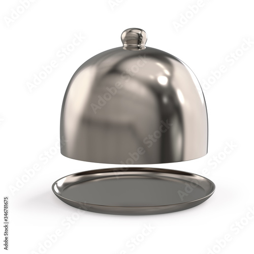Chrome dome for restaurant dishes. Metal restaurant cloche with open raised lid. 3d realistic illustration isolated on white background.