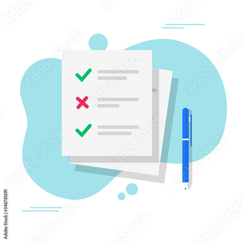Exam document or survey form and test quiz checklist and success questionnaire results vector flat cartoon, idea of education check list paper doc pile, examination assessment icon modern design image