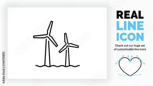 Editable line icon of a windmill park at sea, part of a huge set of editable line icons!