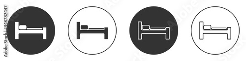 Black Bed icon isolated on white background. Circle button. Vector Illustration