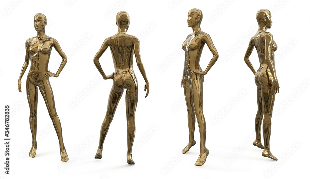 Metal chromed female mannequins for clothes. Set from the side, front and back view. Commercial equipment for shop windows decoration. 3d illustration isolated on a white background. Metal chromed female mannequins for clothes. Set from the side, front and back view. Commercial equipment for shop windows decoration. 3d illustration isolated on a white background.