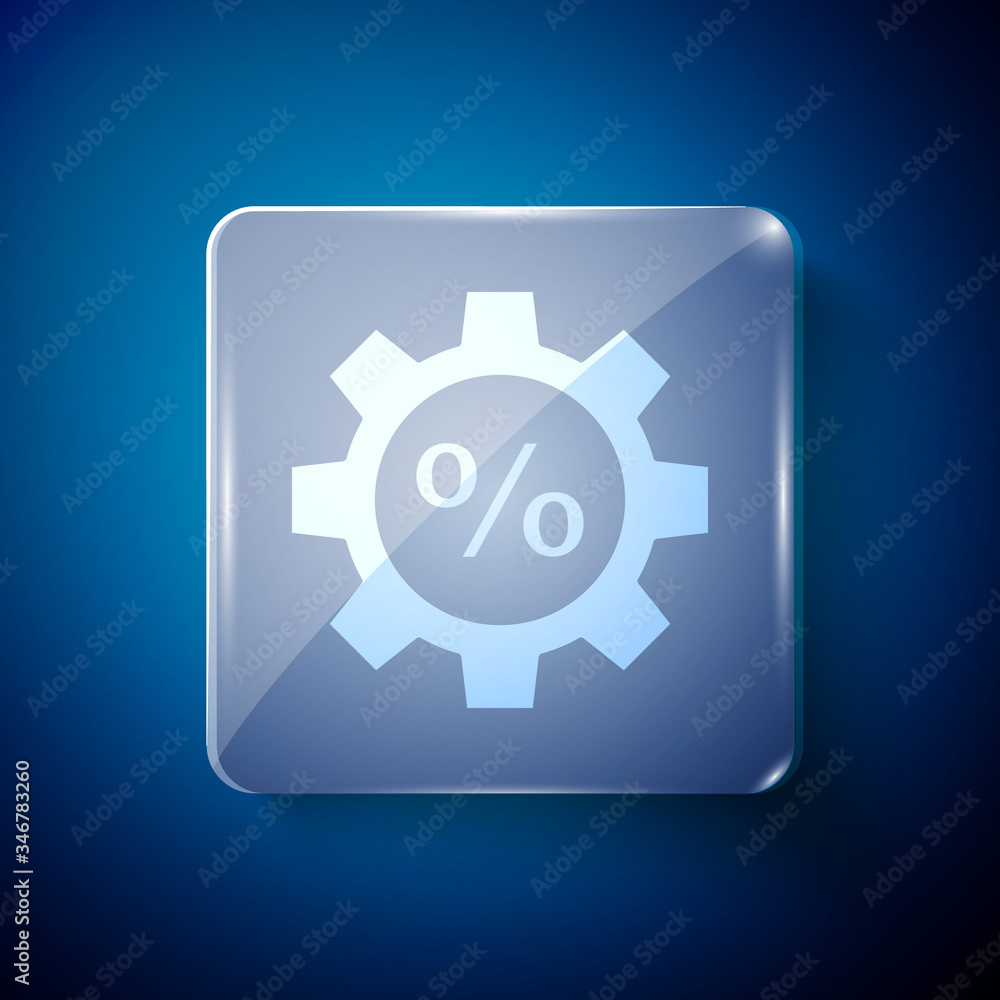 White Gear with percent icon isolated on blue background. Square glass panels. Vector Illustration White Gear with percent icon isolated on blue background. Square glass panels. Vector Illustration