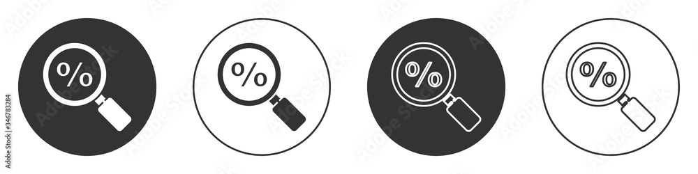 Black Magnifying glass with percent icon isolated on white background. Discount offers searching. Search for discount sale sign. Circle button. Vector Illustration Black Magnifying glass with percent icon isolated on white background. Discount offers searching. Search for discount sale sign. Circle button. Vector Illustration