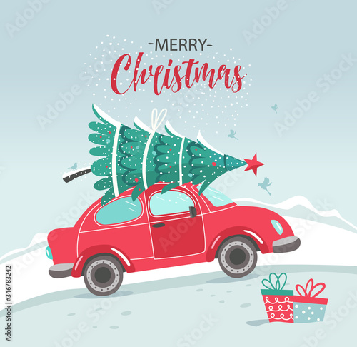 Vector picture with red car and Christmas tree. Christmas picture. Red pickup. New year illustration delivery service.
