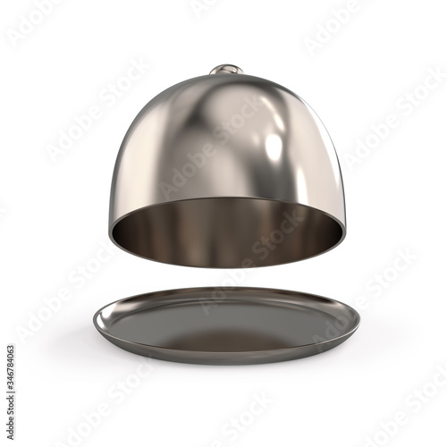 Metal restaurant cloche with open raised lid. Chrome dome for restaurant dishes. Serving dome. 3d realistic illustration isolated on white background.