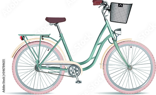 Vintage ladies bicycle with wicker basket. Vector illustration. 