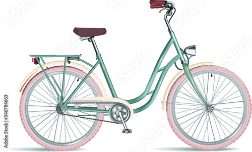 Vintage ladies bicycle with wicker basket. Vector illustration. 
