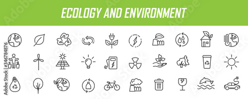 Set of linear ecology icons. Environment icons in simple design. Vector illustration