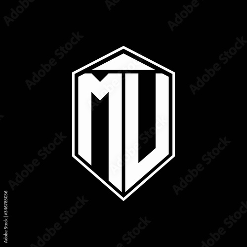 mu logo monogram with emblem shape combination tringle on top design template
