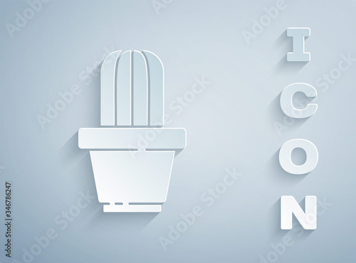 Paper cut Cactus and succulent in pot icon isolated on grey background. Plant growing in a pot. Potted plant sign. Paper art style. Vector Illustration