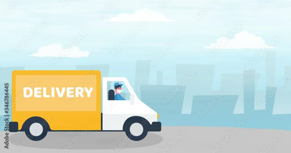 Animation of delivery truck going on road in city. Animated van delivering postal boxes. Cartoon of post service vehicle. Drawing transportation and shipping concept. Animation of delivery truck going on road in city. Animated van delivering postal boxes. Cartoon of post service vehicle. Drawing transportation and shipping concept.