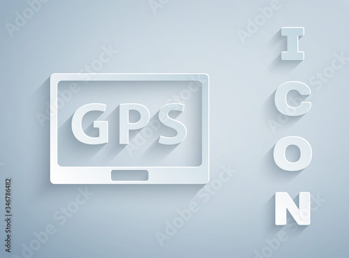 Paper cut Gps device with map icon isolated on grey background. Paper art style. Vector Illustration