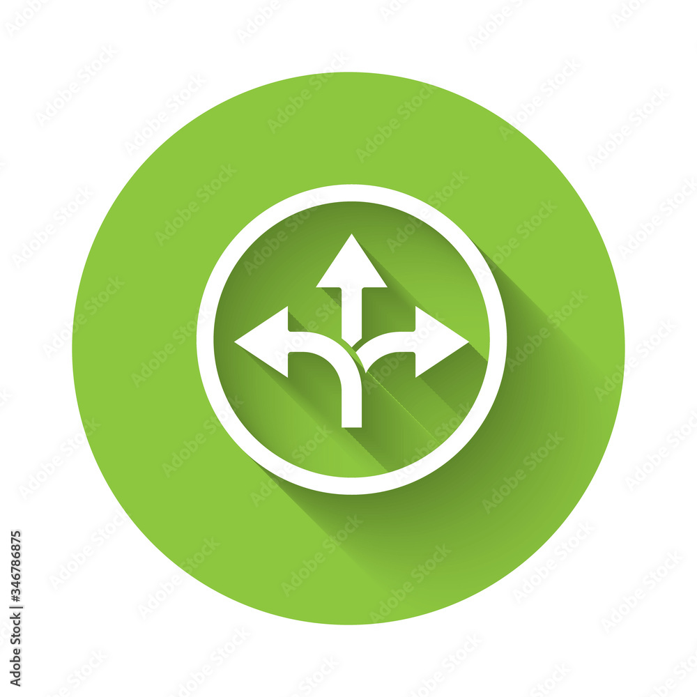 White Road traffic sign. Signpost icon isolated with long shadow. Pointer symbol. Isolated street information sign. Direction sign. Green circle button. Vector Illustration White Road traffic sign. Signpost icon isolated with long shadow. Pointer symbol. Isolated street information sign. Direction sign. Green circle button. Vector Illustration