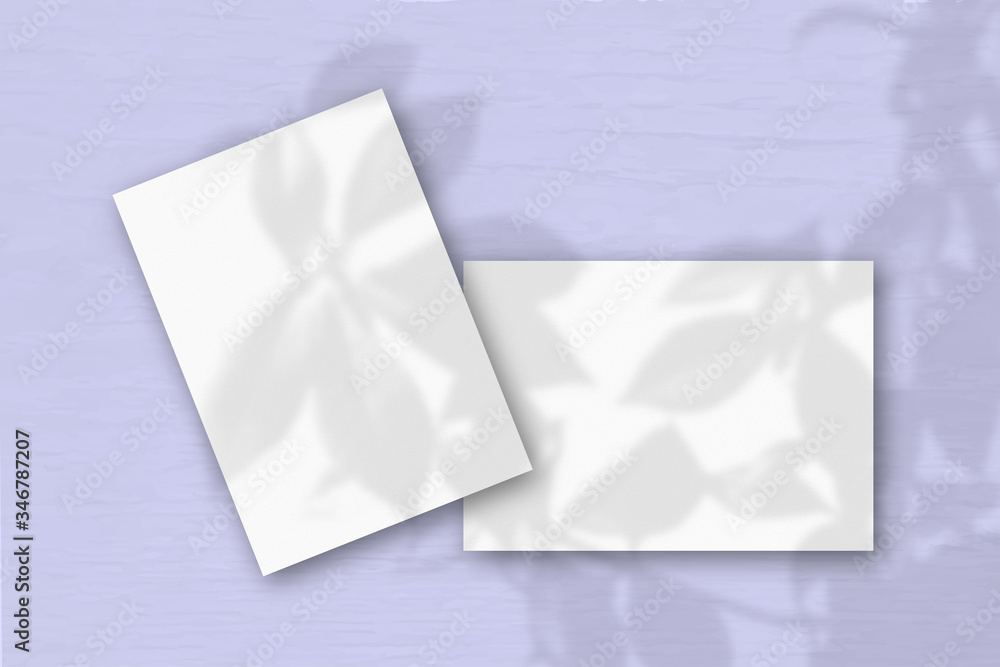 2 sheets of white textured paper against a lilac wall. Mockup overlay with the plant shadows. Natural light casts shadows from an exotic plant. Flat lay, top view. Horizontal orientation 2 sheets of white textured paper against a lilac wall. Mockup overlay with the plant shadows. Natural light casts shadows from an exotic plant. Flat lay, top view. Horizontal orientation
