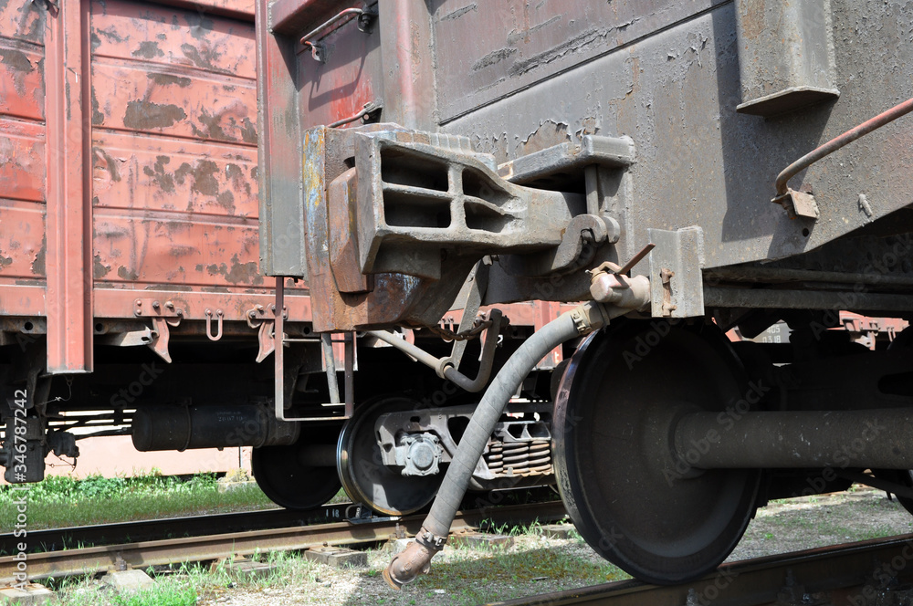 Closeup of railroad car coupling mechanism on display. Transport Closeup of railroad car coupling mechanism on display. Transport