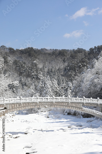 Beautiful winter landscape. Snowy mountains, trees, and bridge scenery. Odaesan National Park, Gangwon Province, Korea © YOUSUK