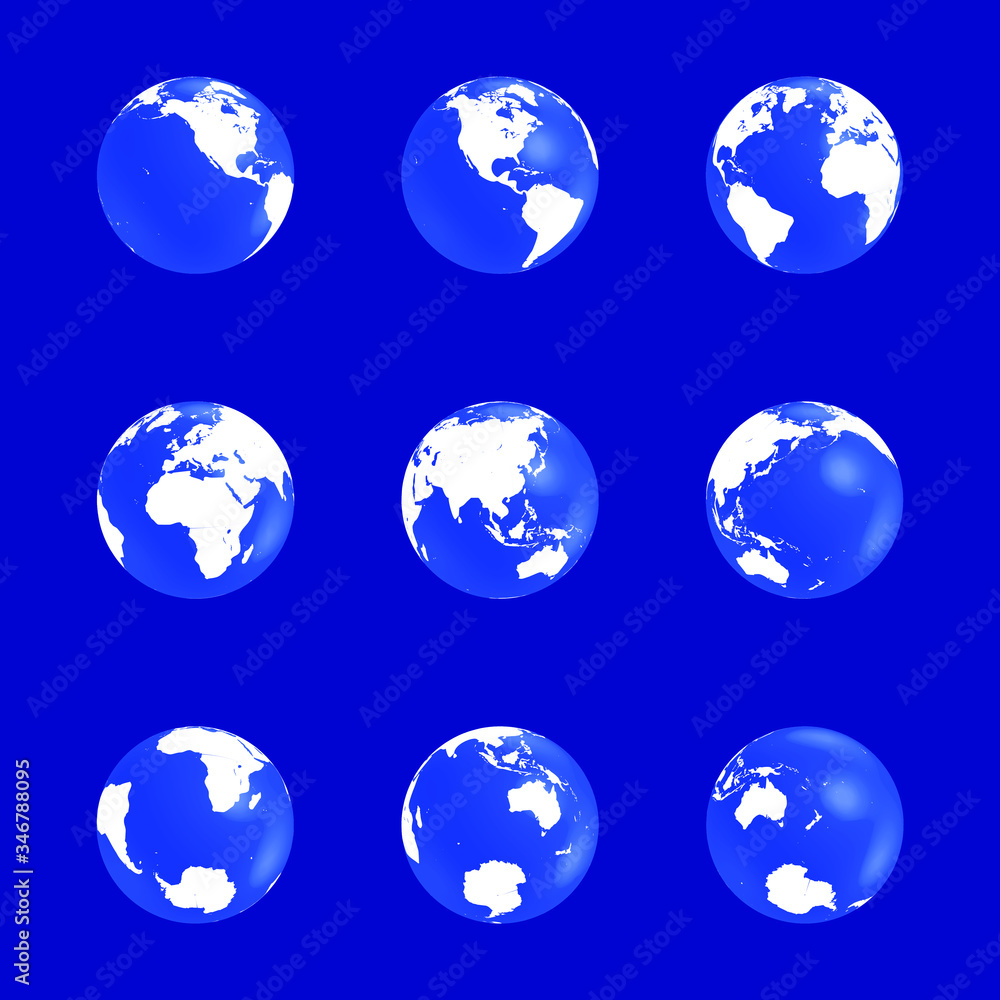 Earth globe on a blue background and white continents. Icons set Earth globe on a blue background and white continents. Icons set