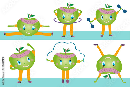 Vector apples go in for sports. Green fruits apples on a white background.