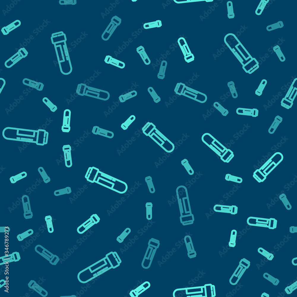Green line Test tube or flask with blood icon isolated seamless pattern on blue background. Laboratory, chemical, scientific glassware sign. Vector Illustration Green line Test tube or flask with blood icon isolated seamless pattern on blue background. Laboratory, chemical, scientific glassware sign. Vector Illustration