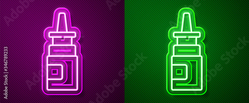 Glowing neon line Bottle nasal spray icon isolated on purple and green background. Vector Illustration