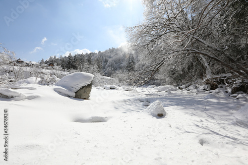 Beautiful winter mountain snow-covered landscape. Magnificent and silent sunny day. Odaesan national park, Gangwon-do, Korea