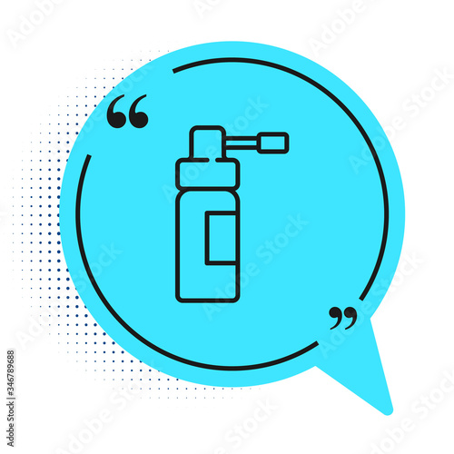 Black line Medical bottle with nozzle spray for the treatment of diseases of the nose and throat icon isolated on white background. Blue speech bubble symbol. Vector Illustration