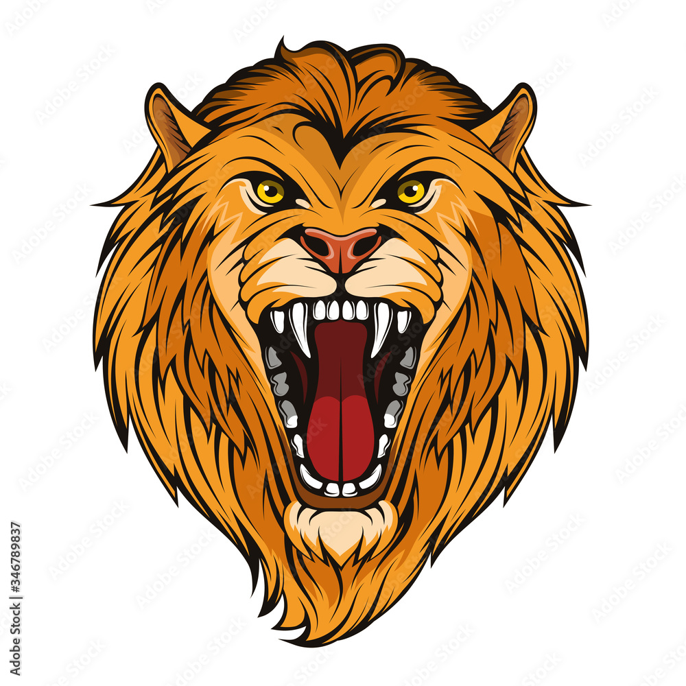 Head Angry, Roar Lion. Tattoo King Lion. Crown King. Predator animal. Lion Mascot Color Logo. Animal