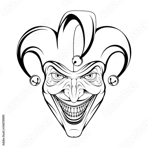 Joker Smile. Posters, Icon, Mascot. Joker esport mascot logo. Jokester head. Jester icon. Buffoon logo. Funster. Creepy clown face. Spooky Halloween masks with angry smile. Jester and Joker character