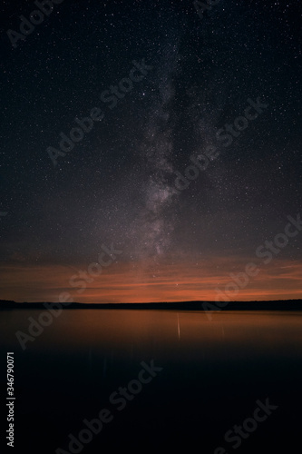 sunset and milky way over the lake