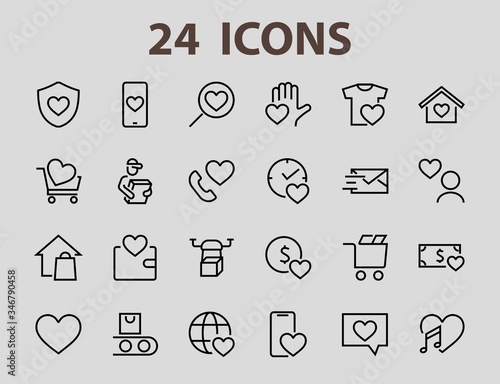  The set of icons about love contains such icons as love of music, declaration of love, heart, favorite home, Linear set. Vector on a white background. Editable stroke. 480x480